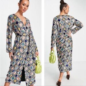 ASOS DESIGN EDITION Sequin Long Sleeve Midi Wrap Dress🩸